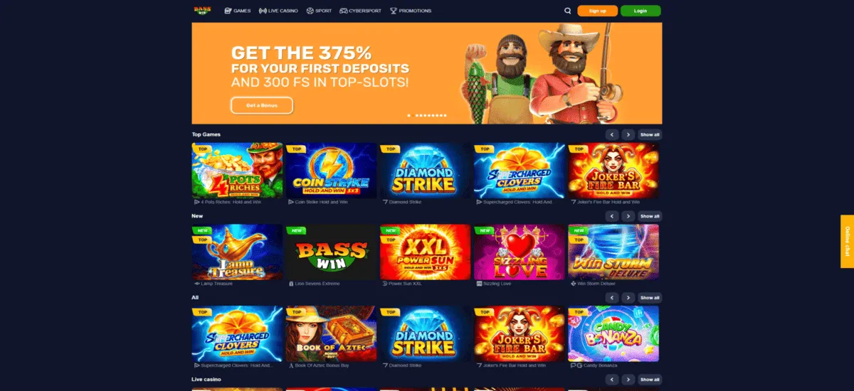 Screenshot of the BassWin Casino website